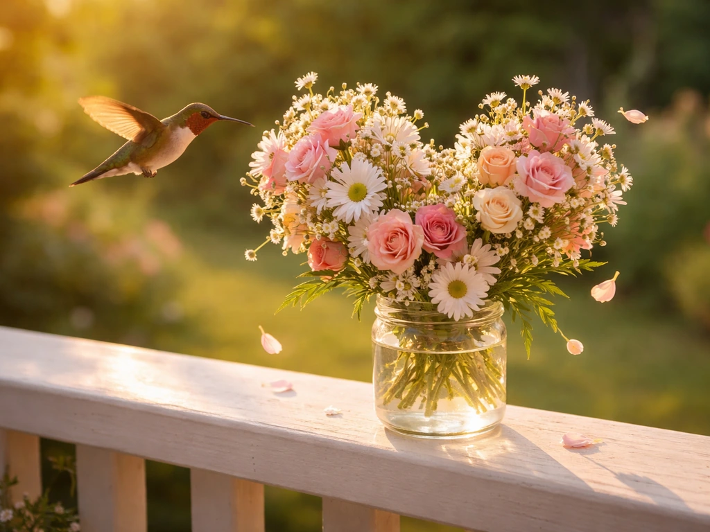 A hummingbird hovers near a small bouquet and heart-shaped arrangement by a porch at golden hour.