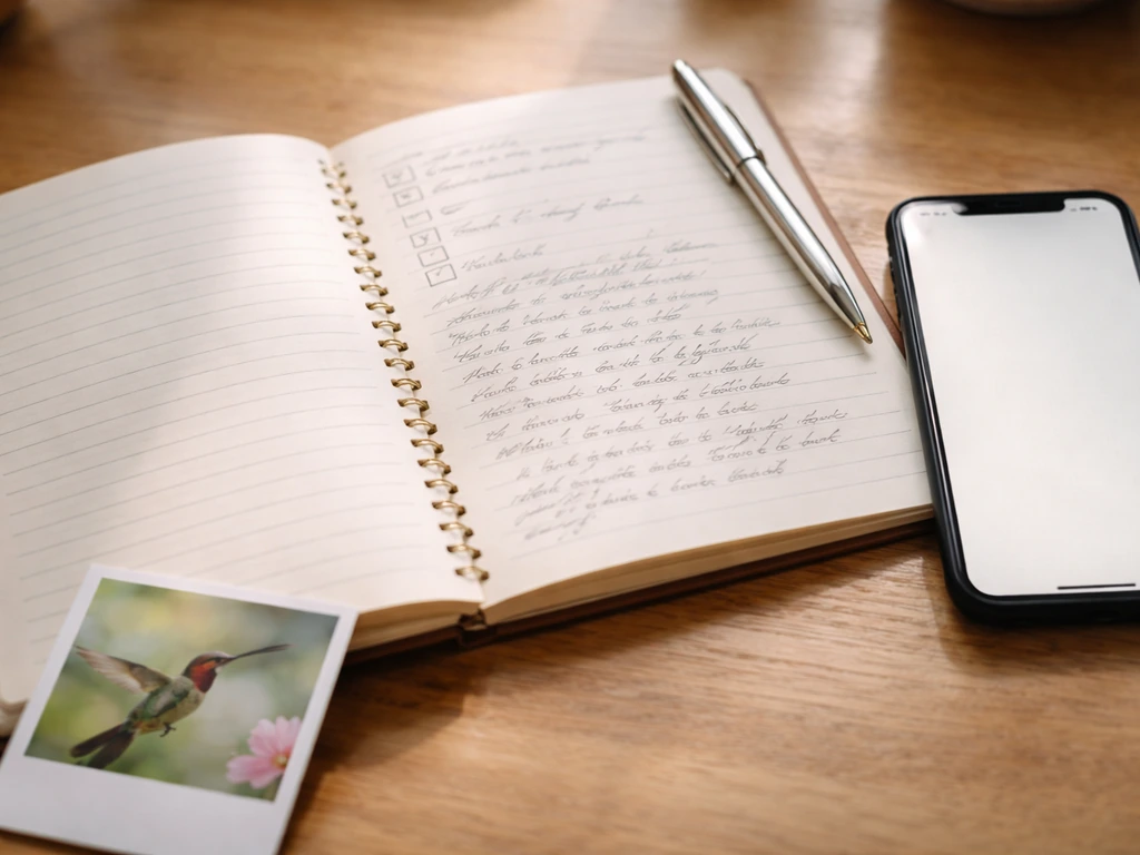 Open notebook and phone notes on a desk with a small hummingbird photo nearby, soft natural light.