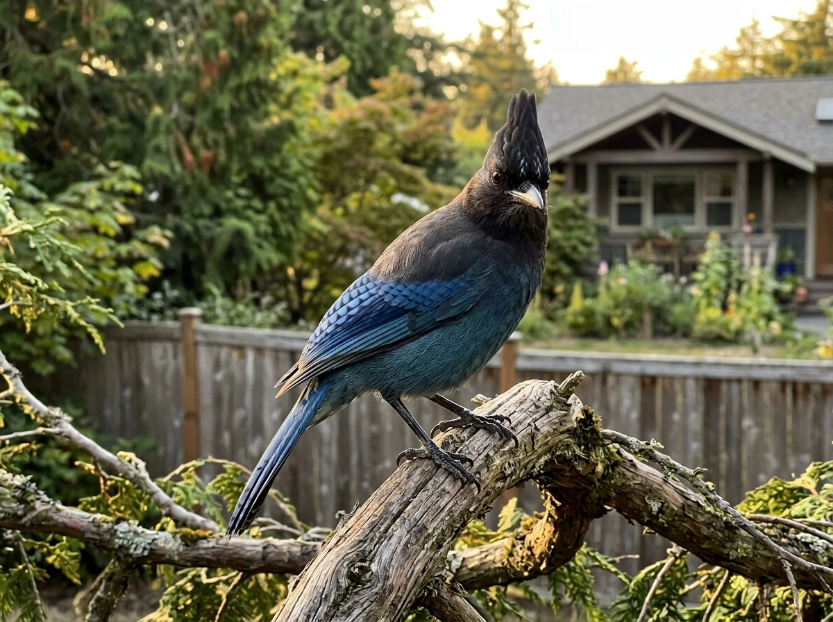 Steller’s jay perched in a yard-like forest edge, representing truth, communication, and a home message.