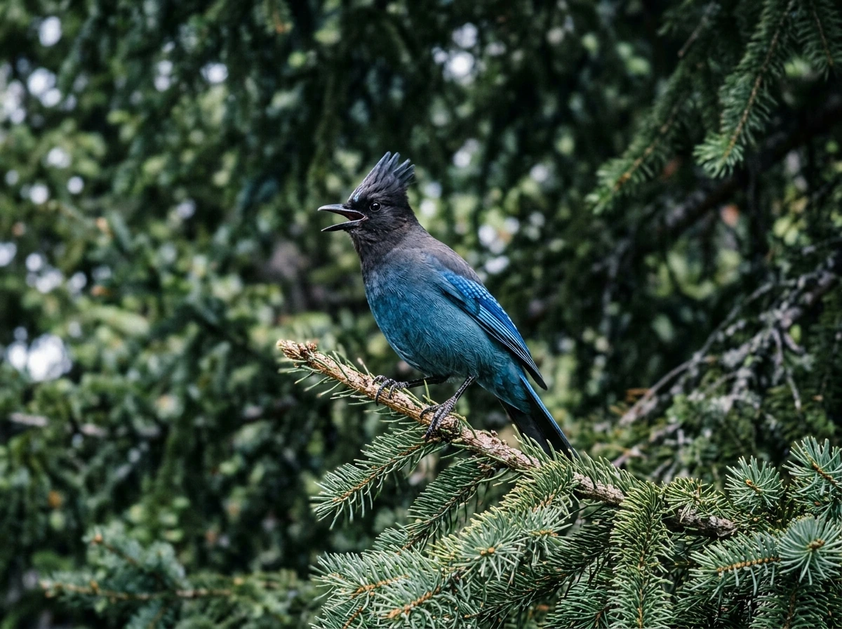 Steller’s jay calling loudly above a person, capturing the messenger of truth theme.