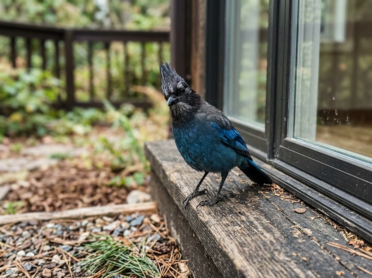 Steller’s jay landing close to a home, showing an unusually personal encounter.