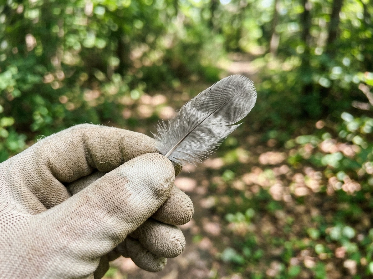 A single Steller’s jay feather held safely, representing a gentle positive message.