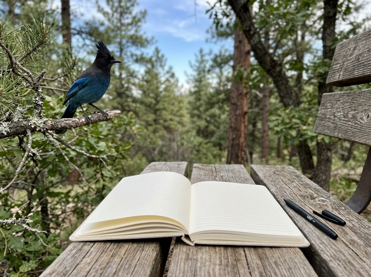 Outdoor journaling with a Steller’s jay nearby, illustrating practical next spiritual steps.