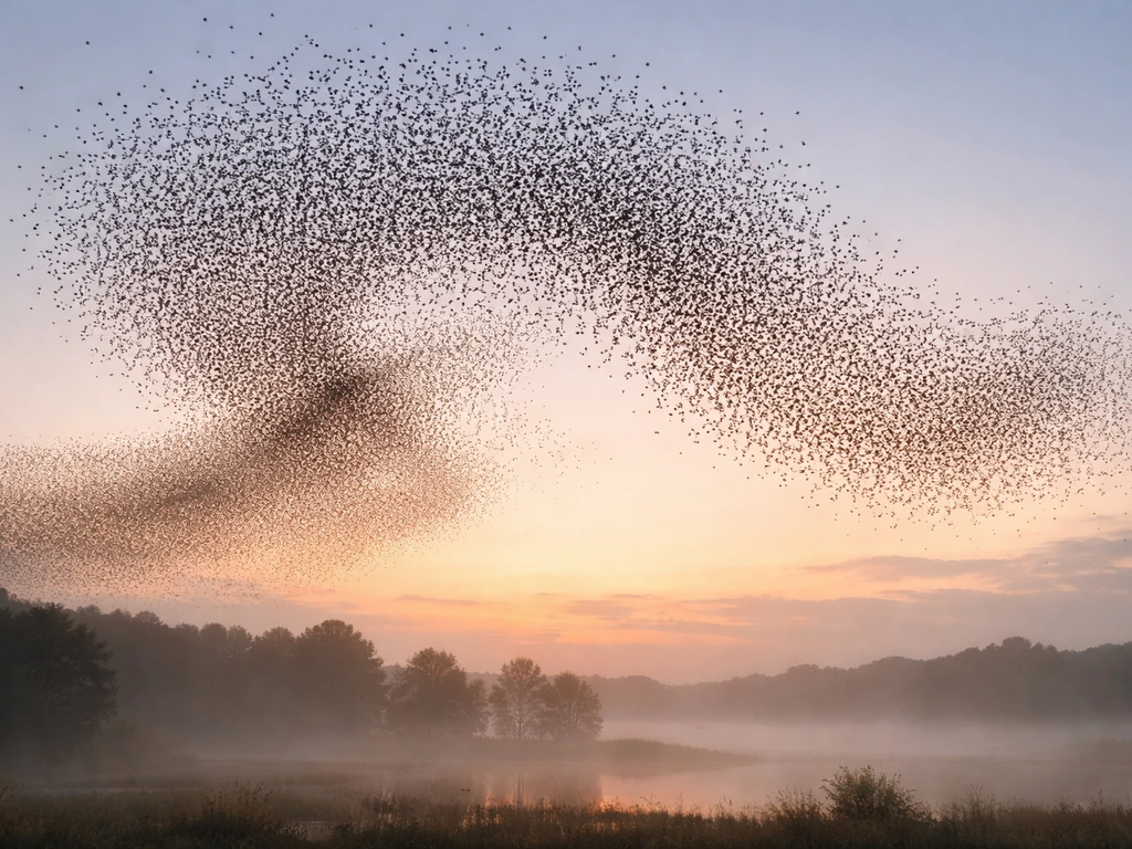 Flock of many birds swirling above a quiet landscape, creating a spiritual abundance feel