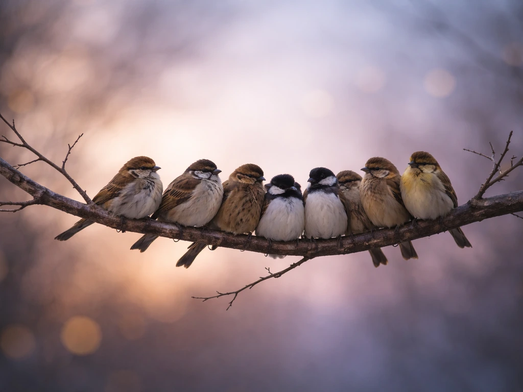 Flock of small birds perched on a bare branch, layered silhouettes suggesting many spiritual messengers.