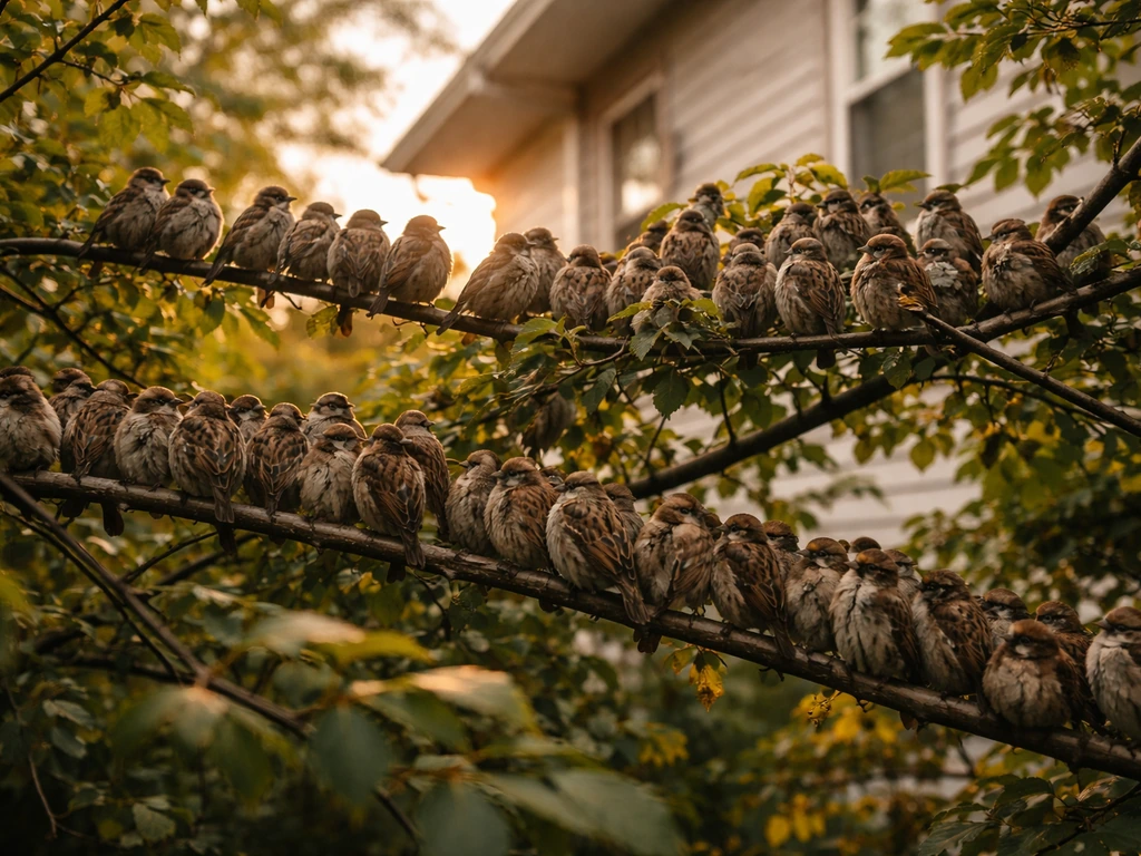 Many birds clustered on tree branches near a home at golden hour, calm roosting scene.