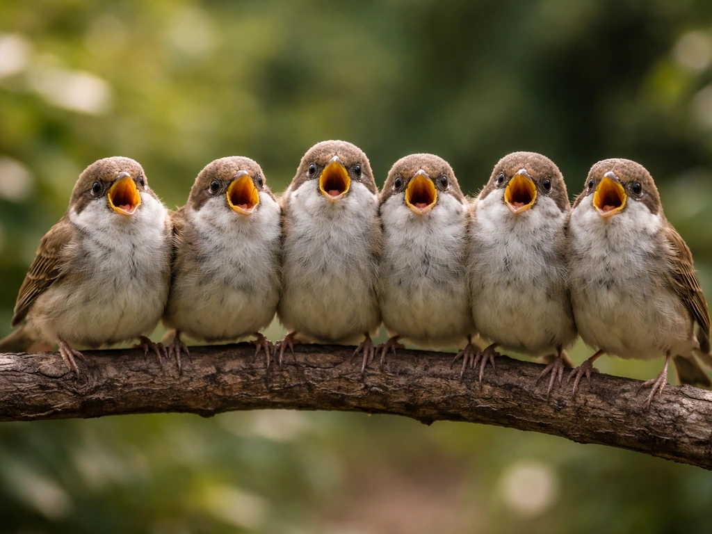 Several small birds perched close together, open beaks as if singing in chorus.