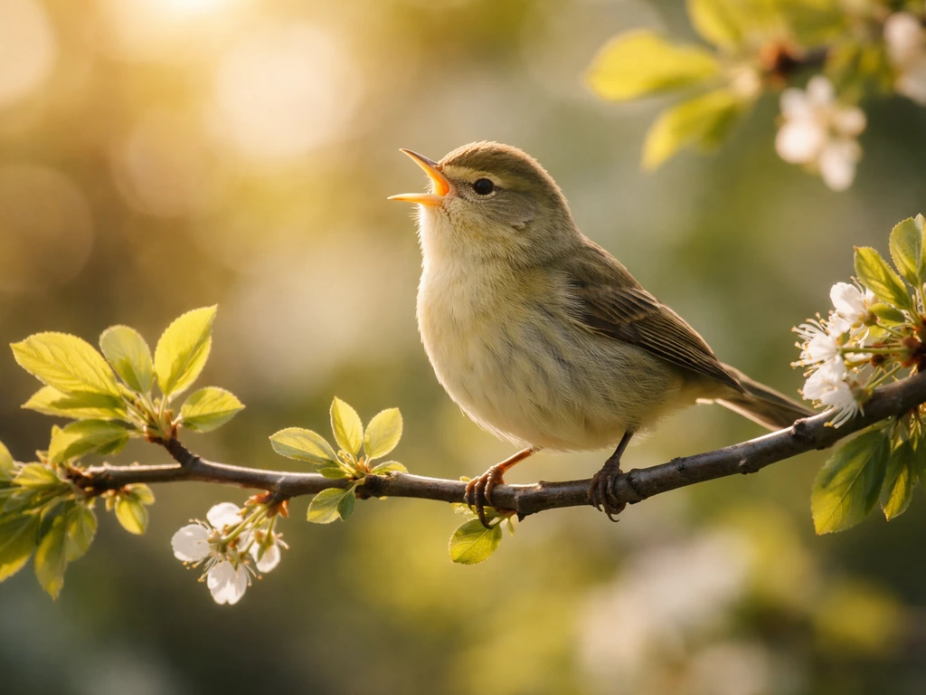Warbler bird perched on spring branches, singing posture in soft, sunlit bokeh foliage.