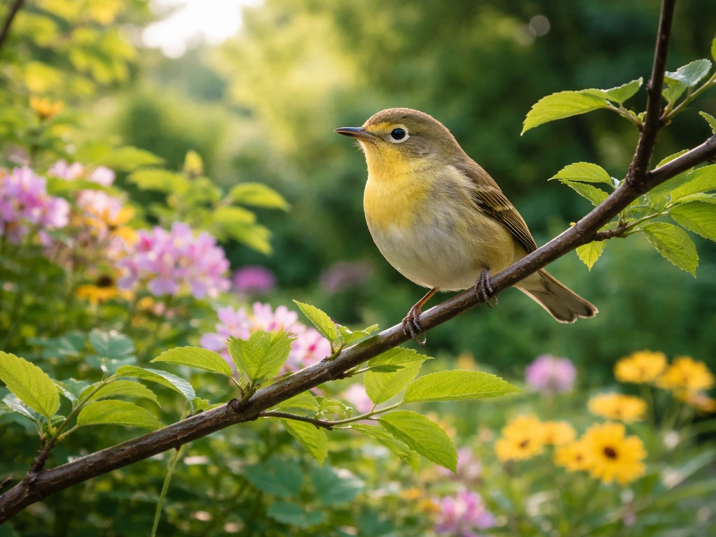 Small warbler perched among backyard garden flowers and green leaves, calm morning light