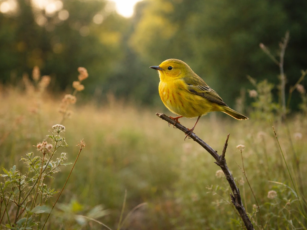 Small warbler perched on a branch at a forest edge, with soft natural light in the background
