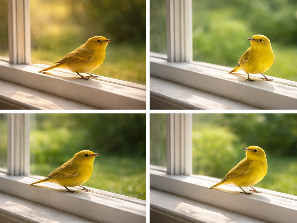 Small yellow warbler perched by a home window, sunlight shifting as if across several days