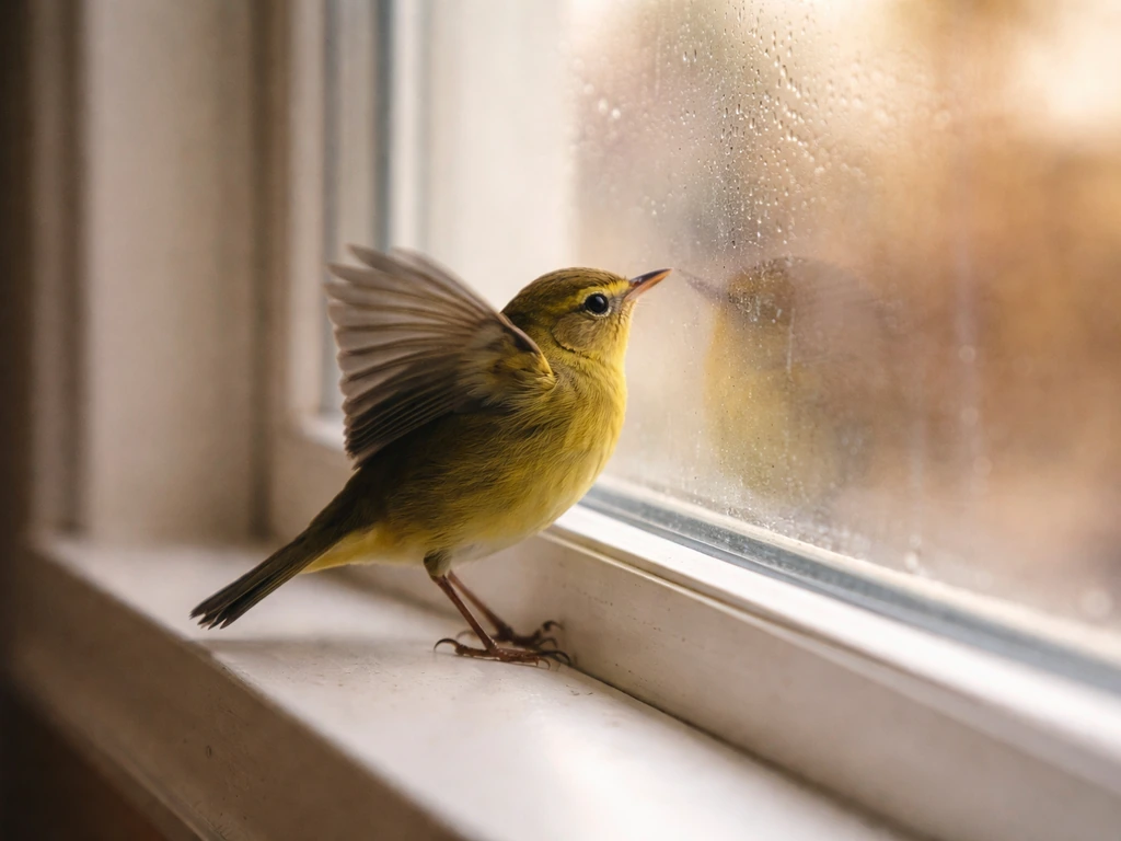 Small warbler perched at a window, wings slightly raised as it taps the glass in natural light.