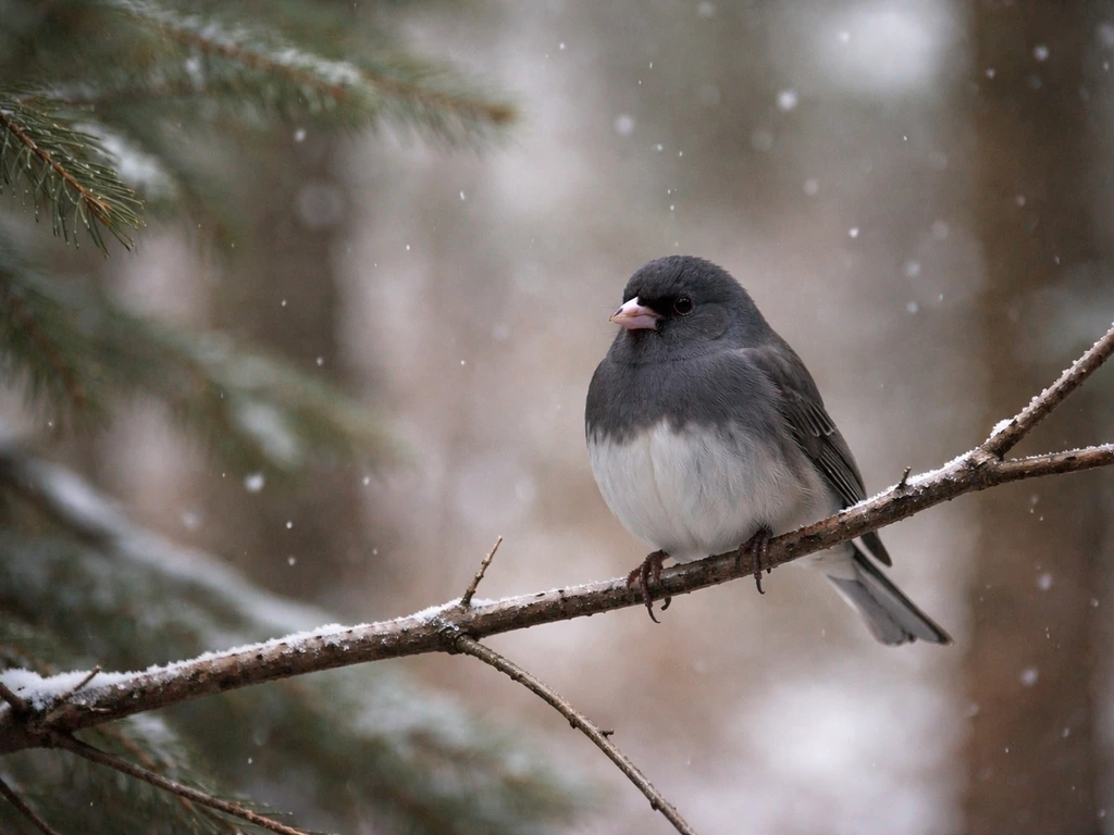 Dark-eyed junco perched on a winter branch in cool snowy light with a calm, grounded feeling.