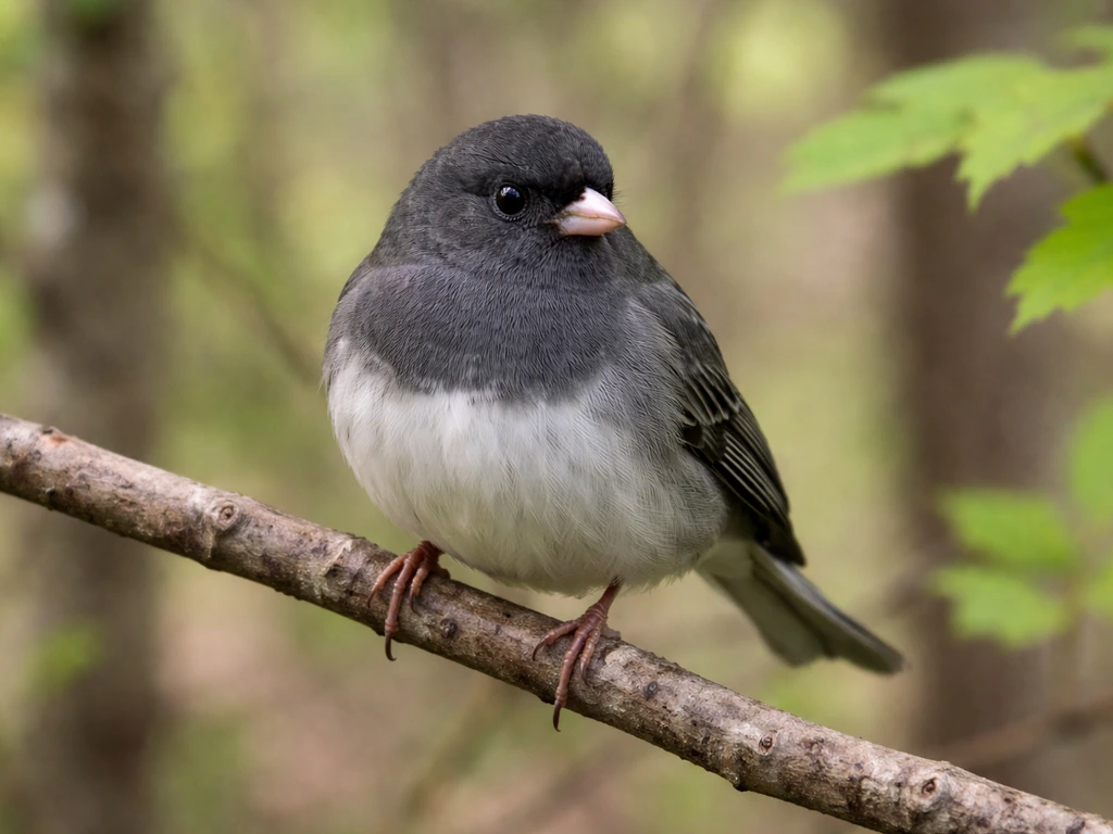 Dark-eyed junco perched on a branch with visible pale eye-ring and plain plumage markings in natural light.