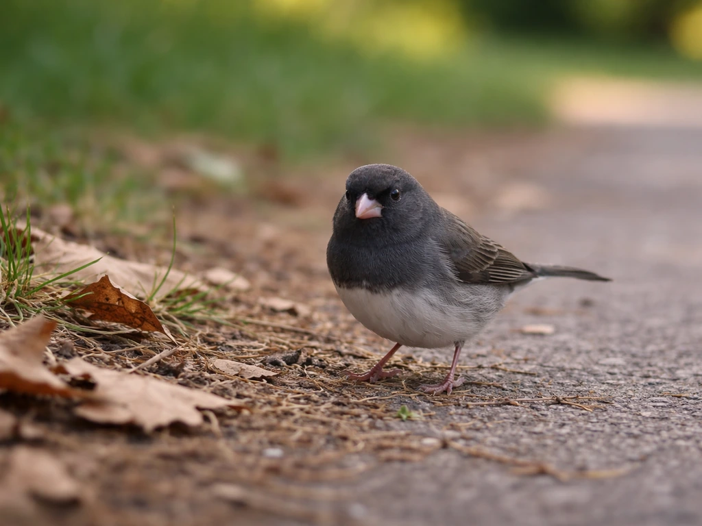 A dark-eyed junco paused on the ground near a yard path, dry leaves and soft natural light behind it.