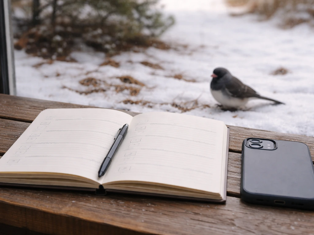 Open winter journal beside a phone with a calm junco nearby on the ground.