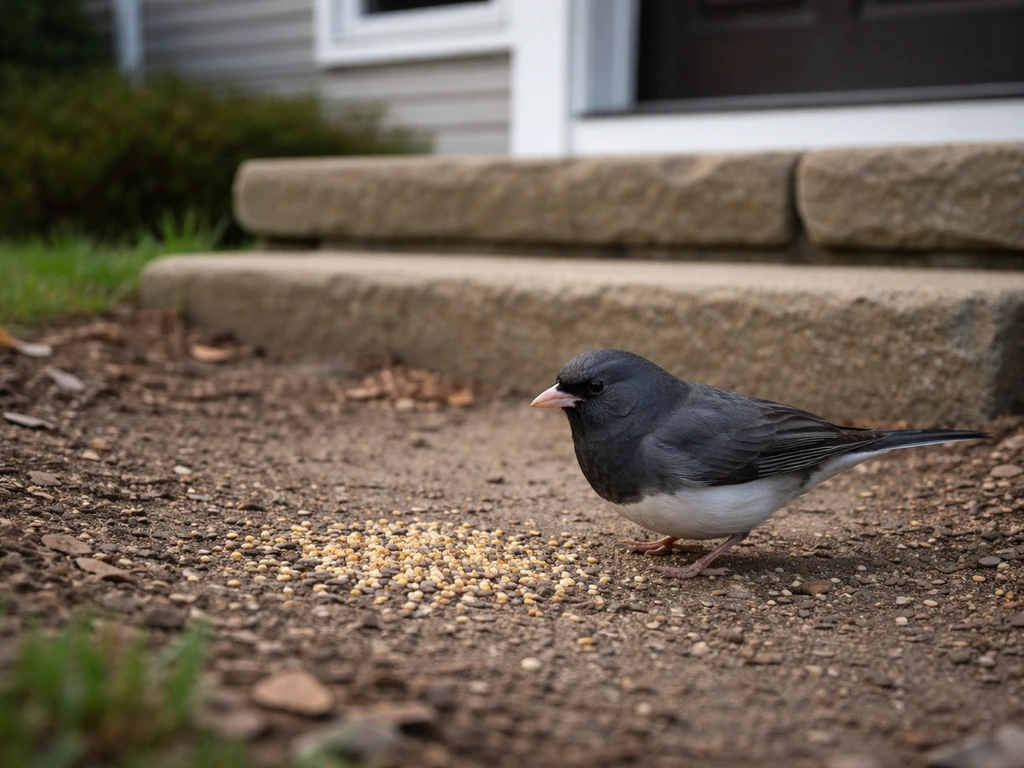 Dark-eyed junco foraging on soil and bird seed near home steps in a quiet yard