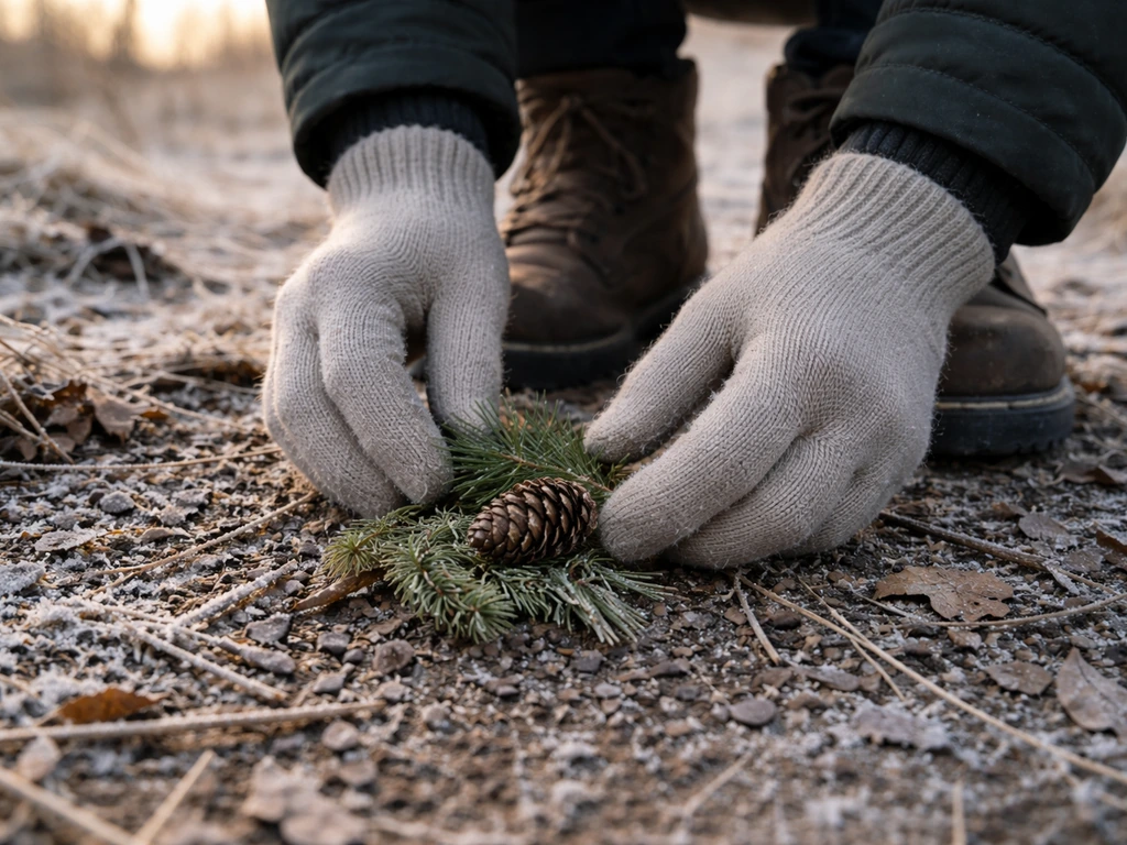 Close-up of gloved hands adjusting a grounding ritual while boots rest on soil and light snow outdoors.