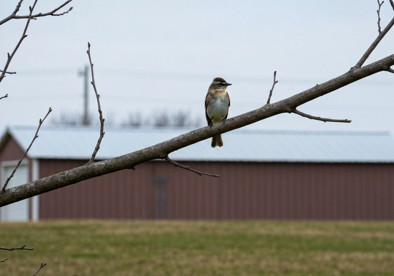 Eastern Phoebe perched upright on a low branch with a quiet barnyard backdrop behind it.