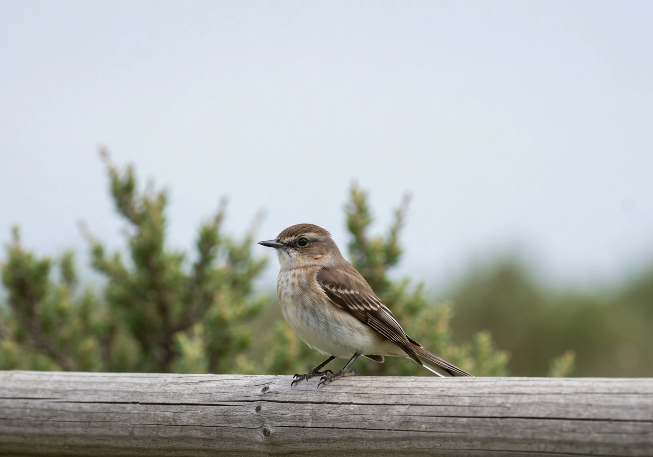 Eastern Phoebe perched low and upright on a fence rail, tail dipping, outdoors in natural light.