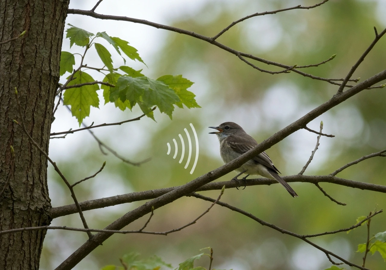 A small phoebe partly hidden by leaves on a branch, with subtle air-blur suggesting its call.