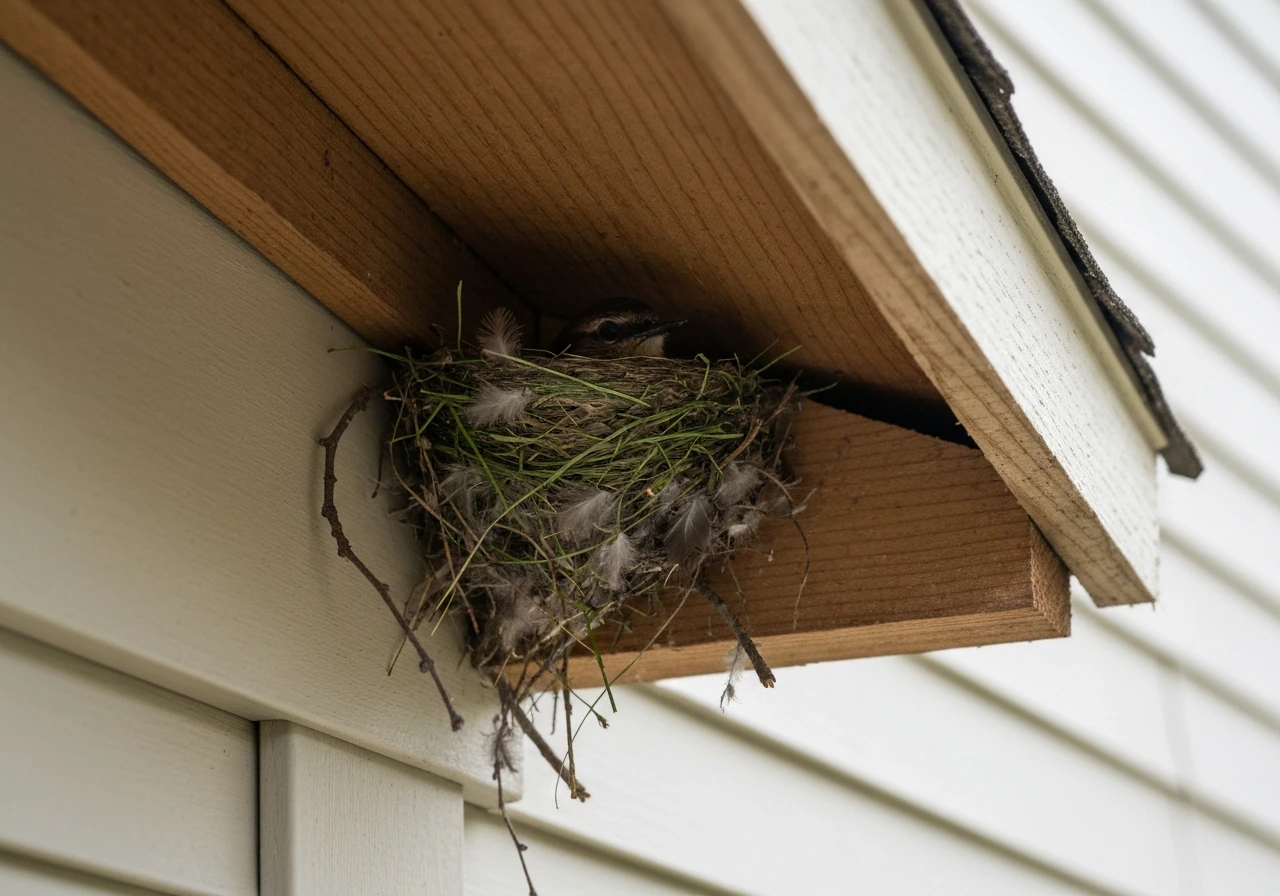 Small phoebe nest woven from grass under a house eave, with nesting materials clearly visible.