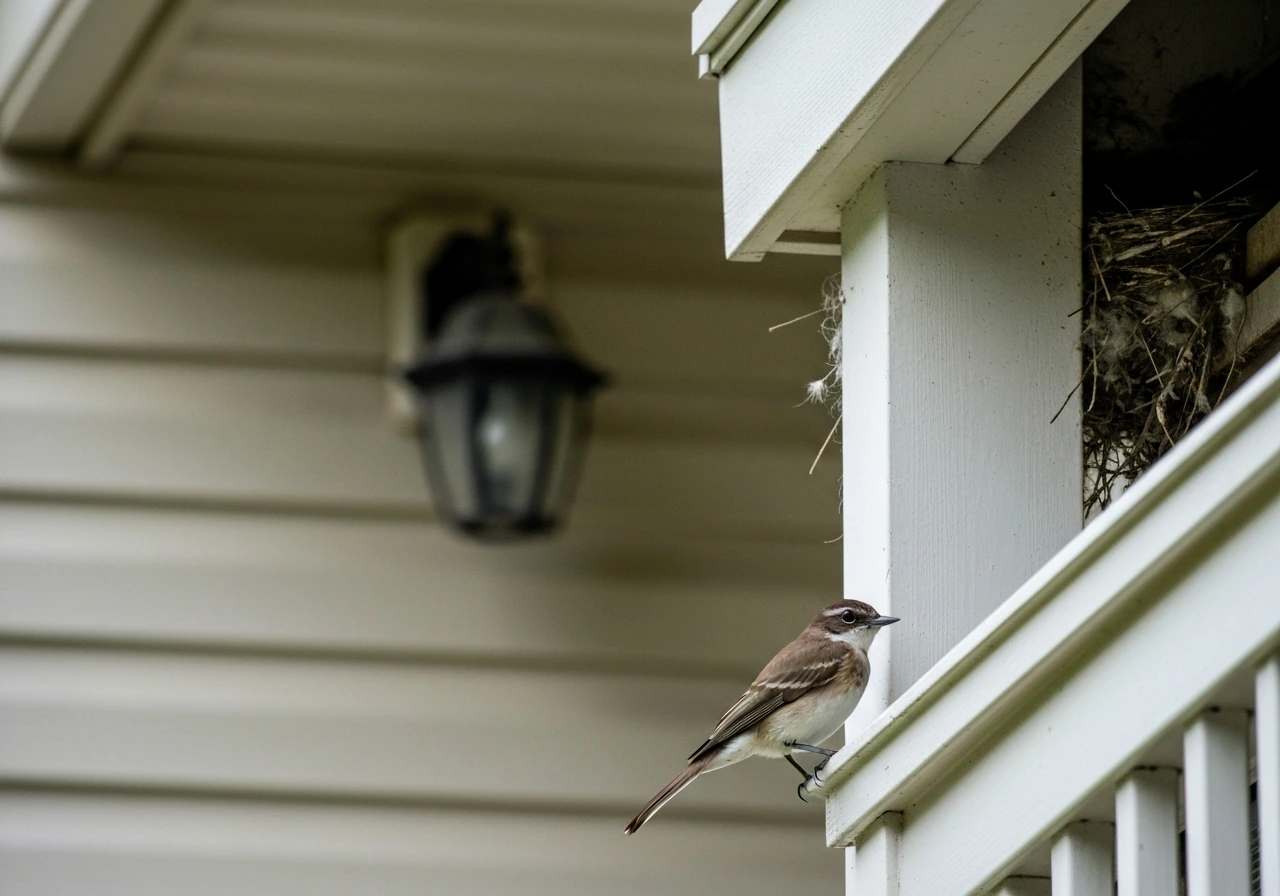 Phoebe perched low by a porch eave near a nest, tail dipping, with the nest undisturbed.