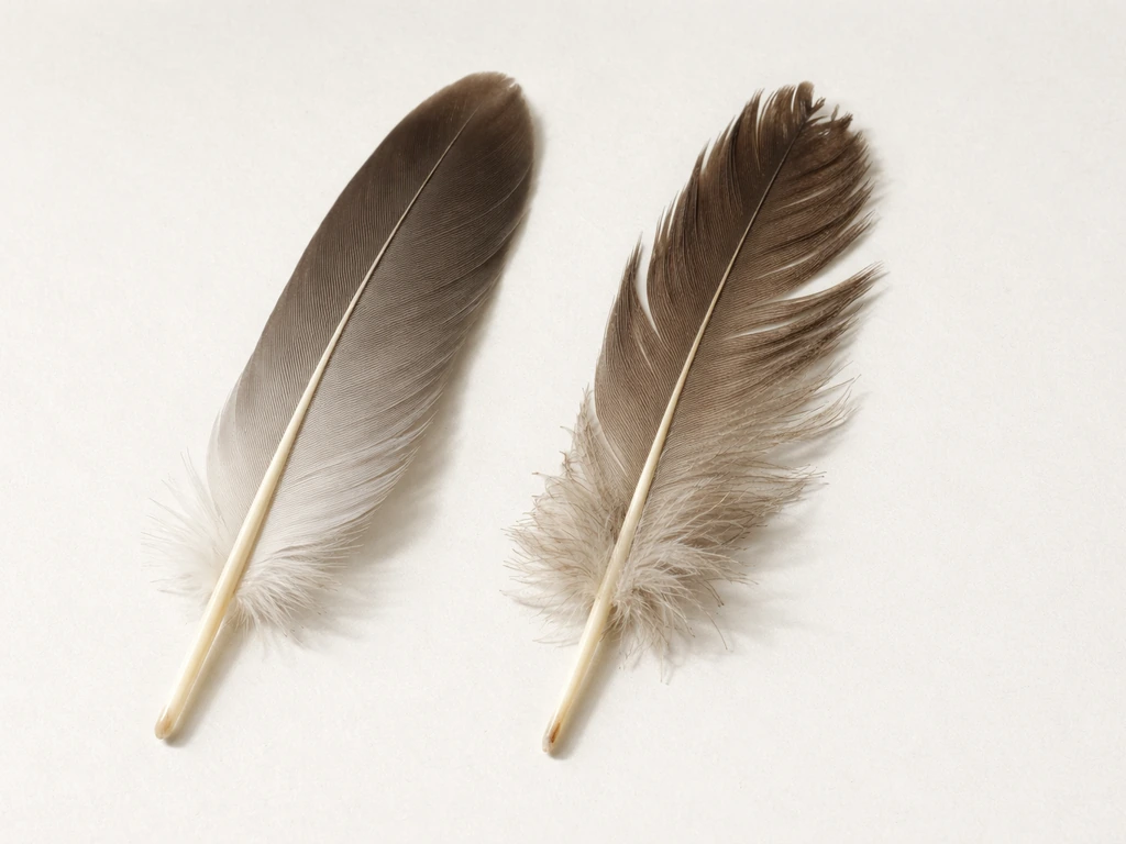 Two feathers side-by-side: one fresh and whole, one worn and damaged with frayed edges.