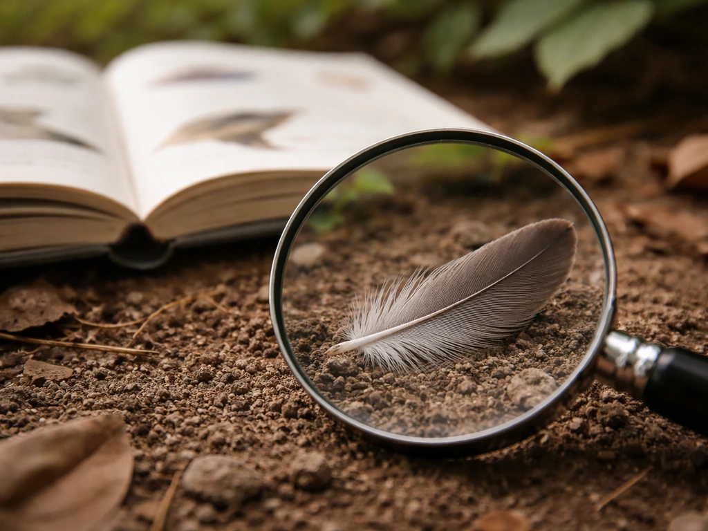 Single bird feather on soil with magnifying glass and blurred field guide pages showing barb detail.
