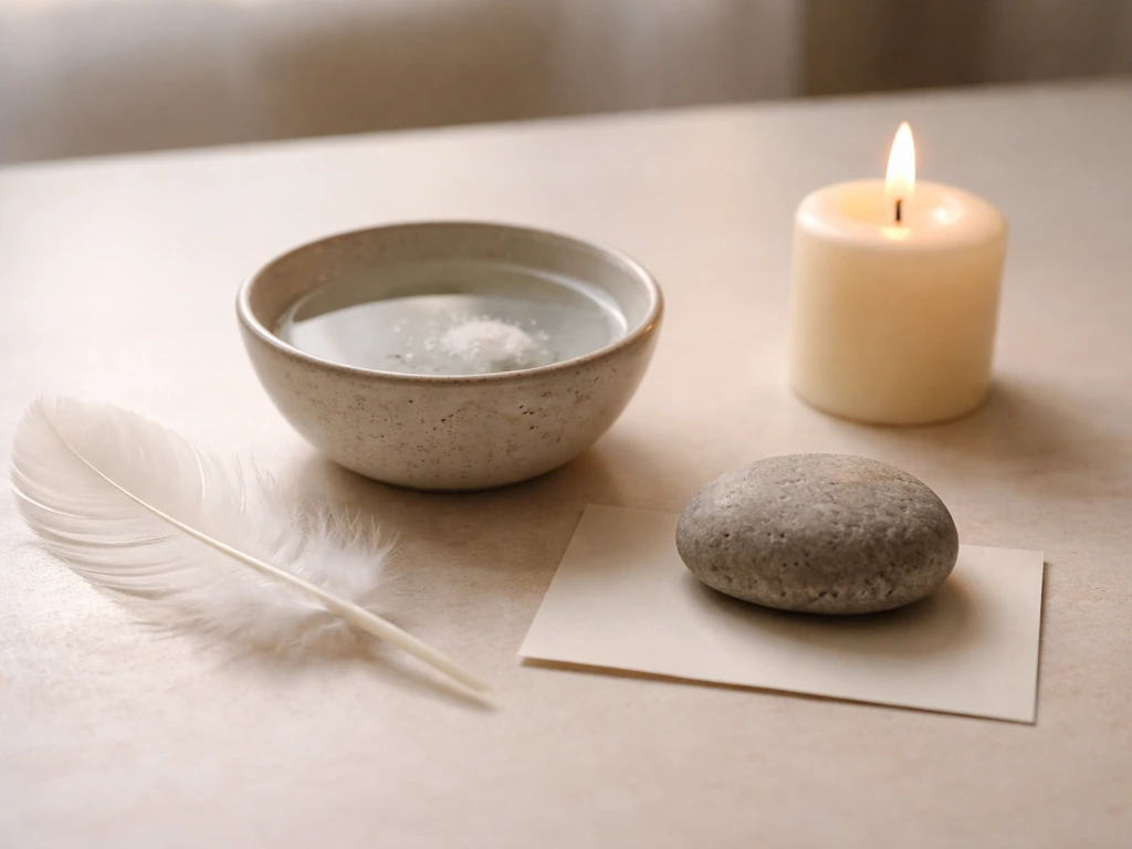 A white feather rests by a salt-water bowl and a lit candle on a quiet table.