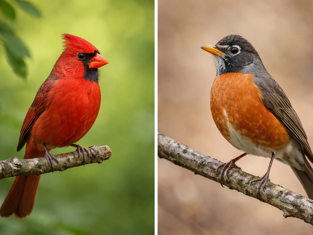 Northern Cardinal and American Robin perched side by side in contrasting natural settings.