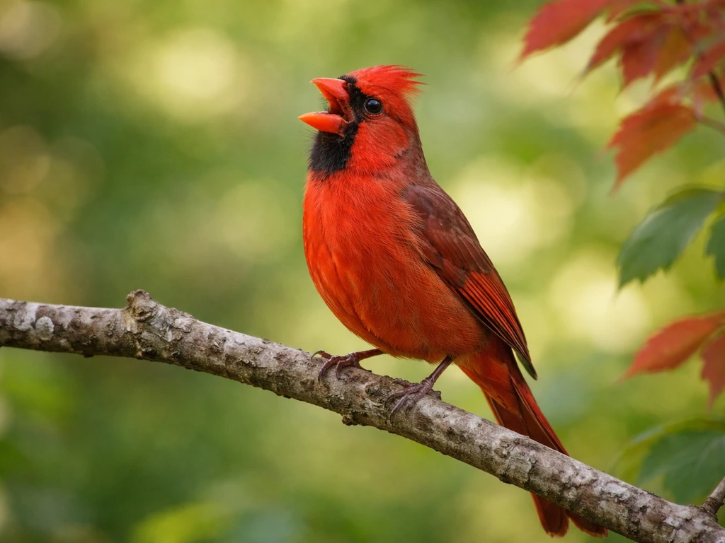Northern cardinal perched in leafy branches with open beak mid-song, natural light