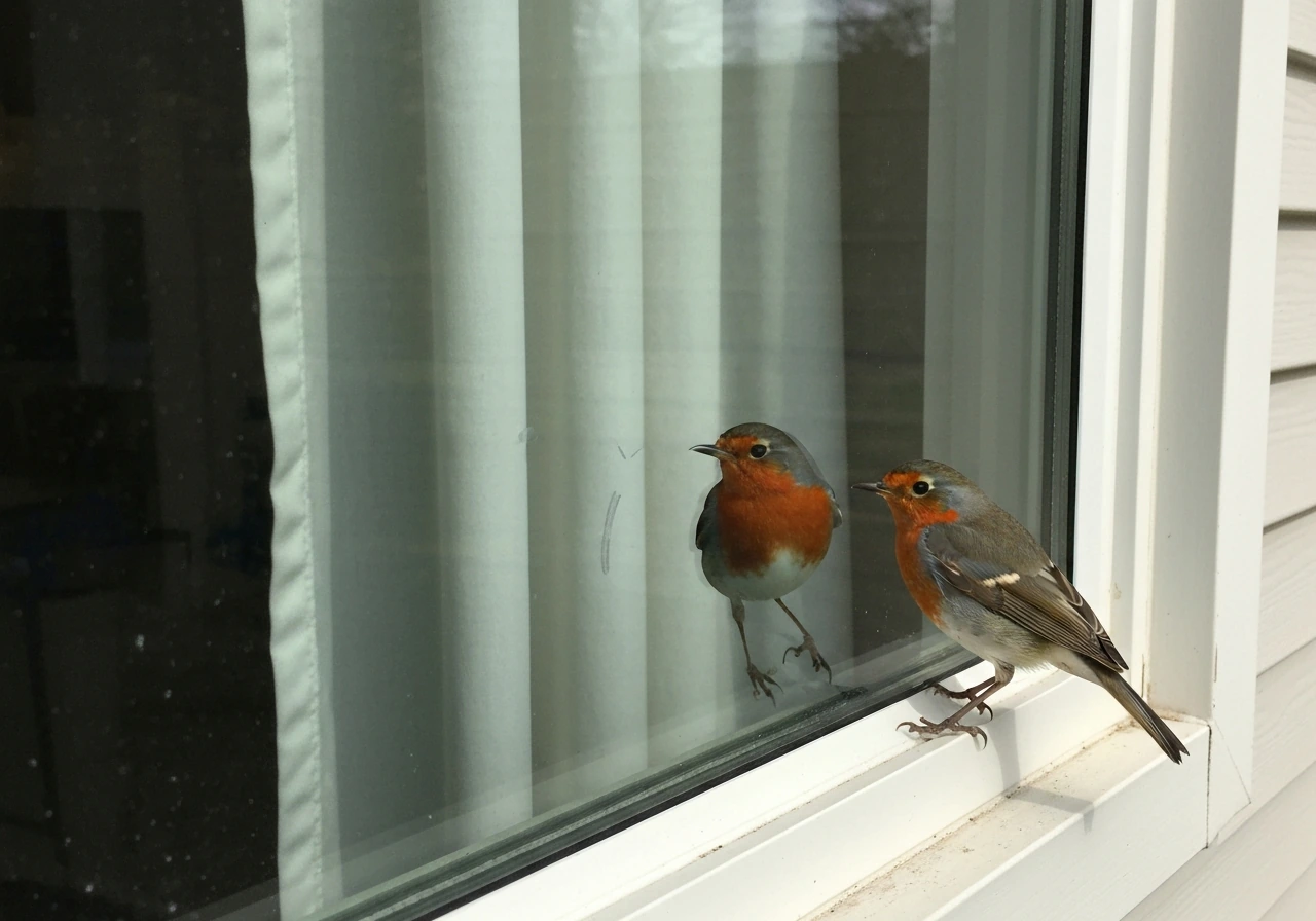 A small robin lands near a window with a faint reflection, showing safe window-tapping behavior cues.