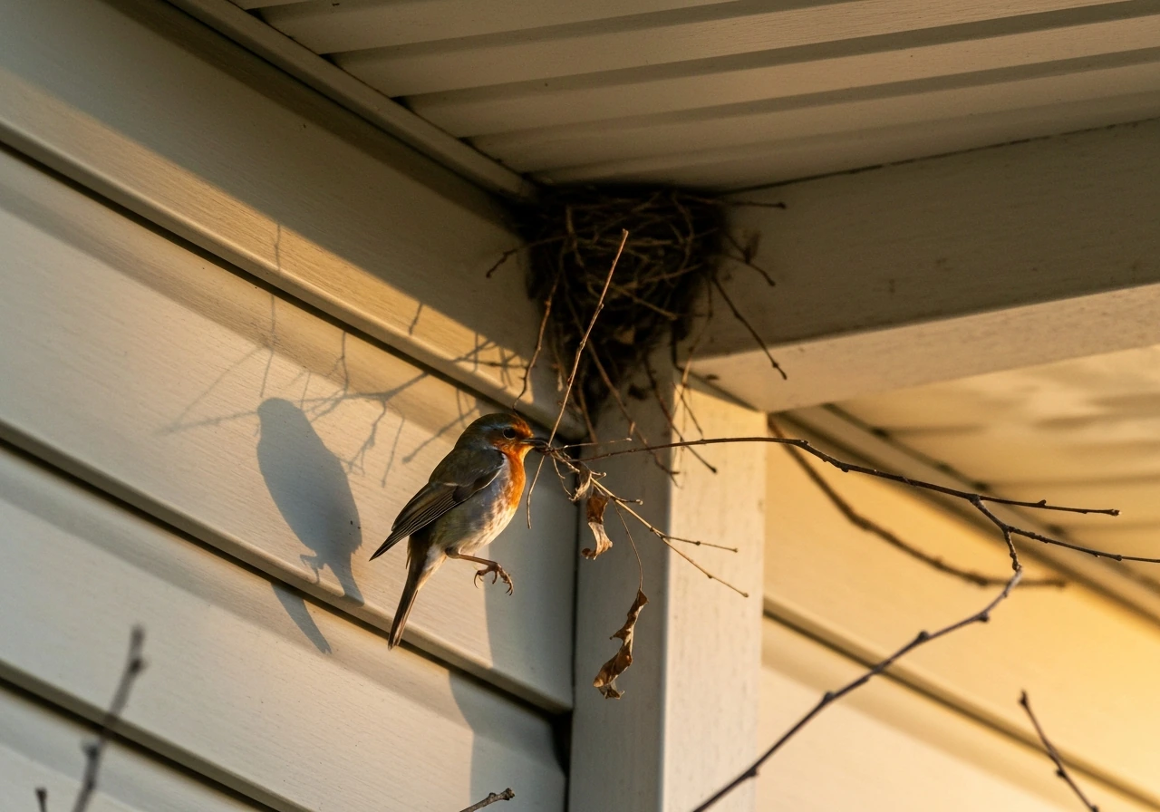 A small robin near a porch eave gathering twigs to build a nest among leaves.