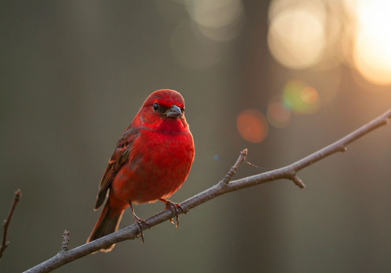 Vivid red bird perched on a branch in warm late-afternoon light against a muted blurred background.