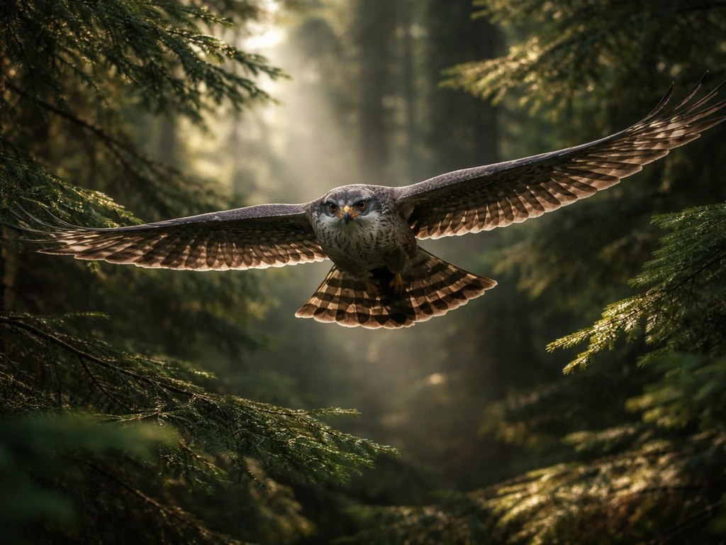 Cooper’s hawk flying through dense trees with sunlight beams breaking through the canopy.