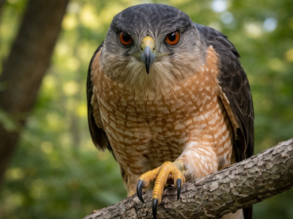 Close-up of a Cooper’s hawk’s focused face and sharp talons gripping a branch in soft forest light.