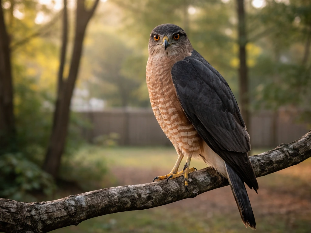 A Cooper’s hawk perched on a branch, calmly watching with an intense, steady gaze.