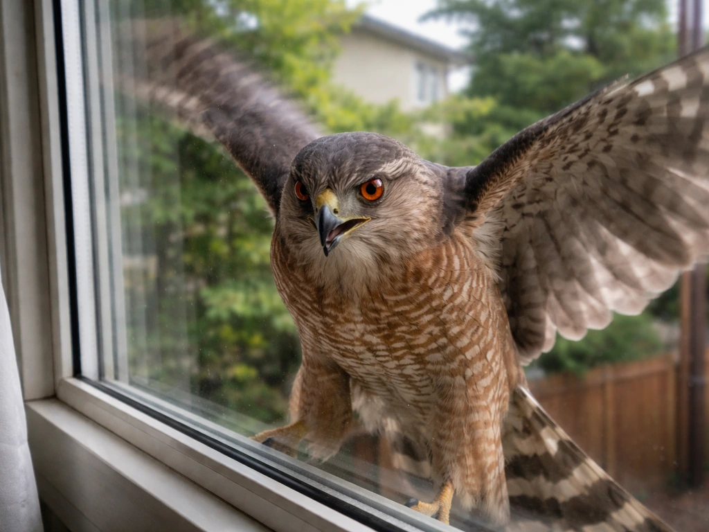 A Cooper’s hawk close to a window, wings spread, with reflections showing indoor room details.