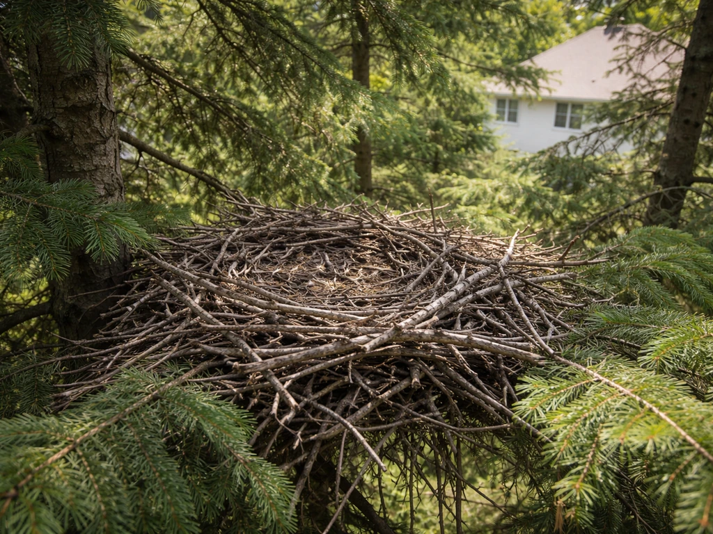 Cooper’s hawk nest built in dense branches near a suburban home, sticks and twigs visible