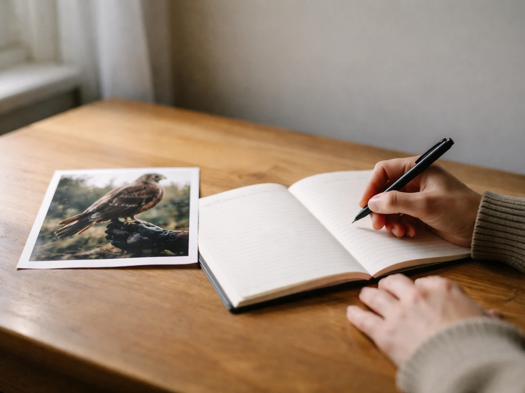 Person journaling at a desk with an open notebook and a hawk encounter photo beside a pen