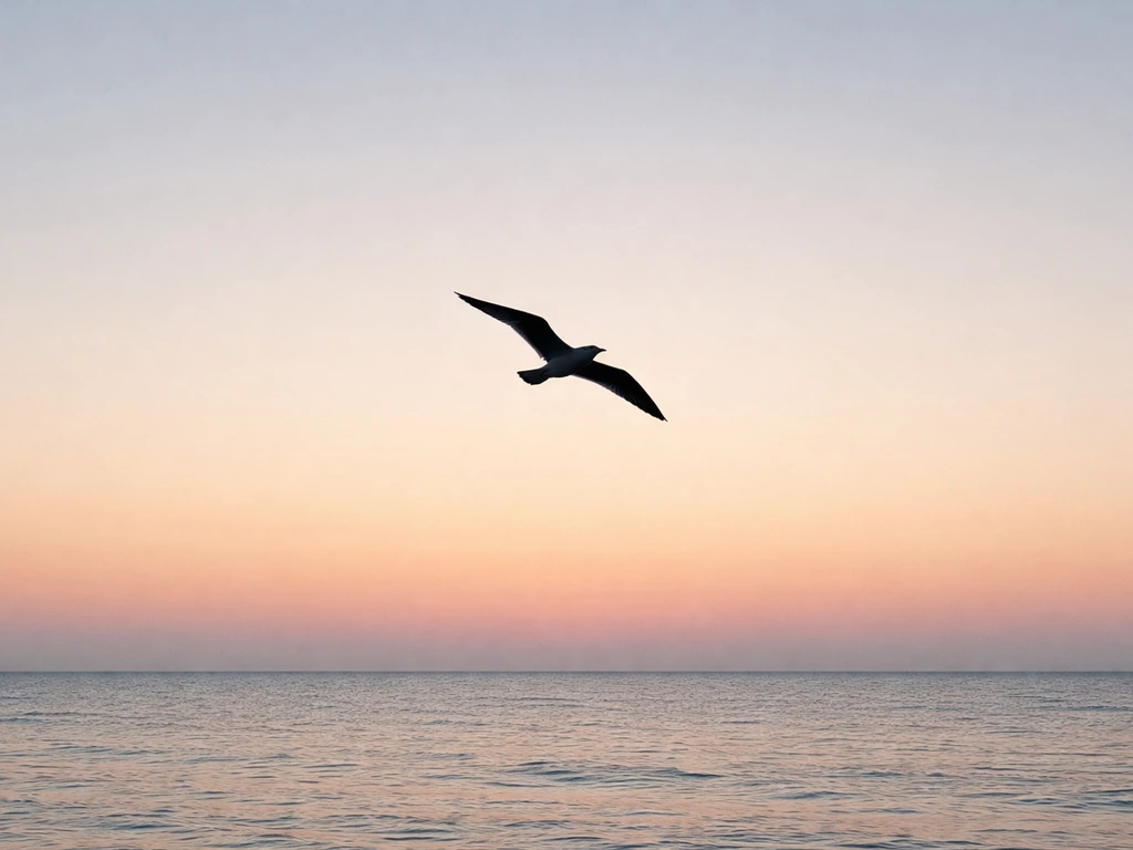 Minimal seagull silhouette on a calm seaside horizon at dusk, symbol-like spiritual mood.