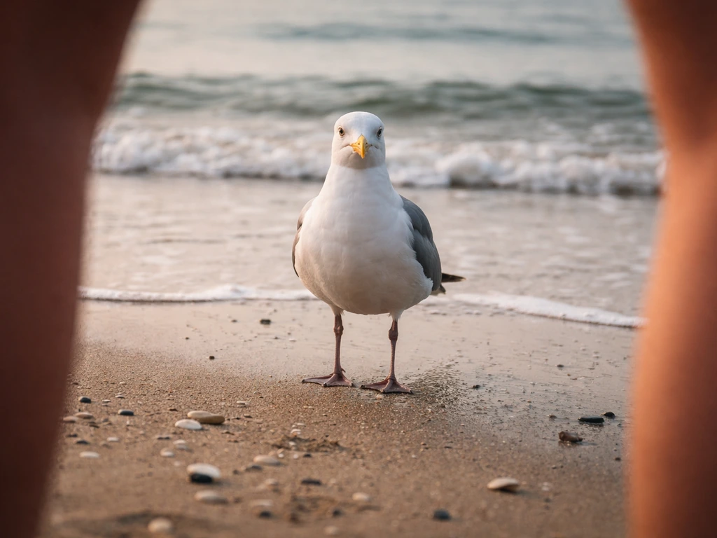 Close seagull on a beach facing the camera, near a person’s out-of-frame gaze line