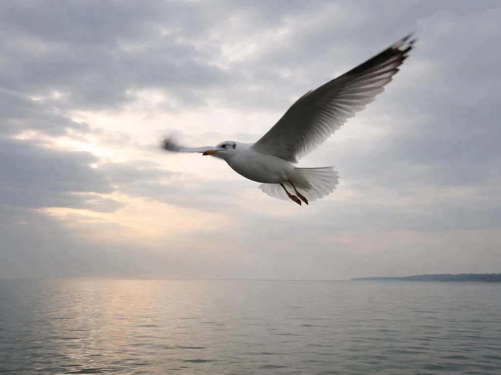 A seagull in motion blur circles overhead over a calm waterfront under a dramatic sky.