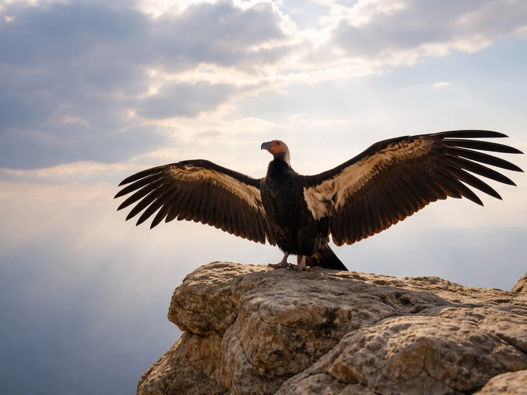 California condor with wings spread on a high cliff, silhouetted against a dramatic sky