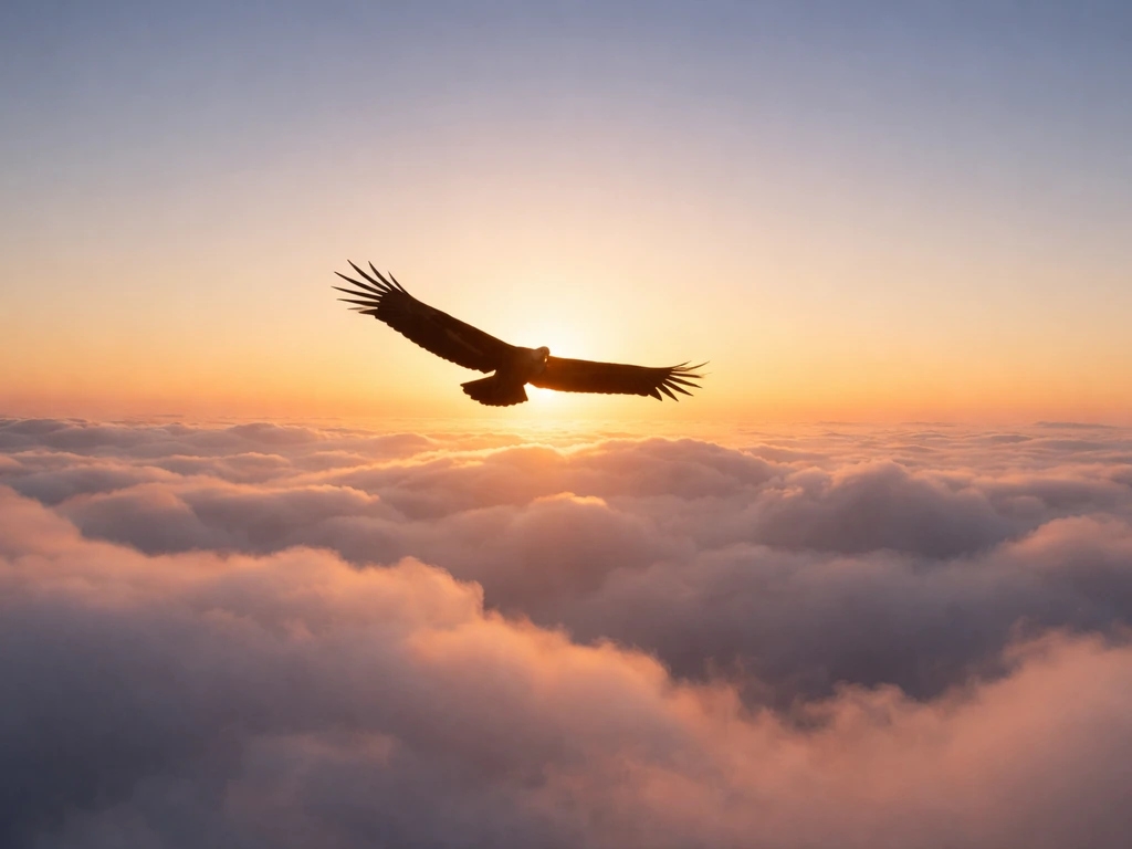 A condor soars above sunrise clouds, symbolizing renewal and transformation