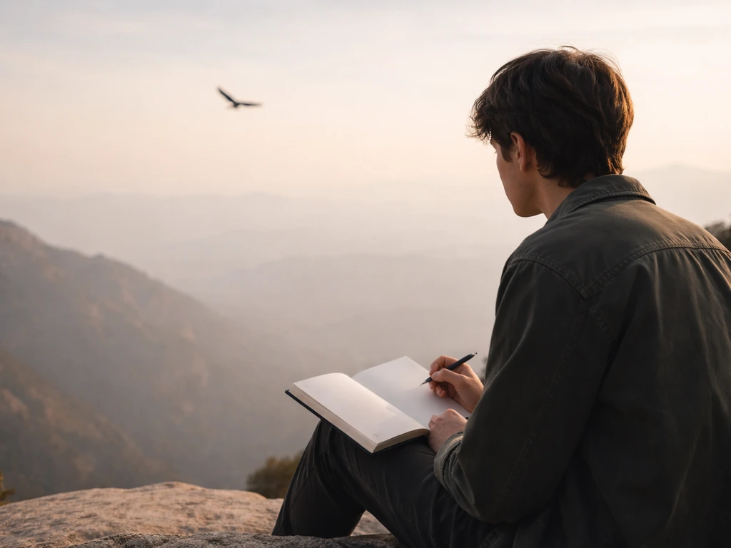 Person journaling quietly while a distant condor silhouette appears on the horizon.