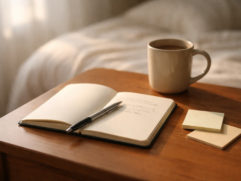 Open notebook with pen and a couple sticky notes on a wooden bedside table, calm morning light.
