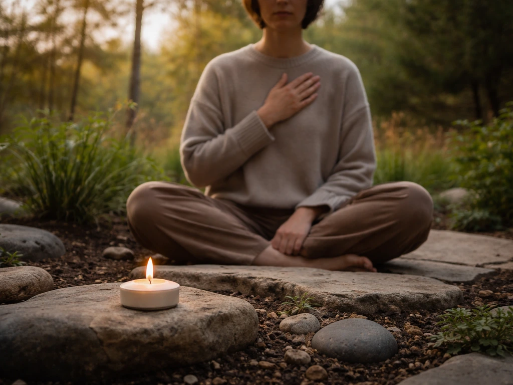 Person grounding with hand over heart beside a small candle and earthy rocks in a calm outdoor setting.
