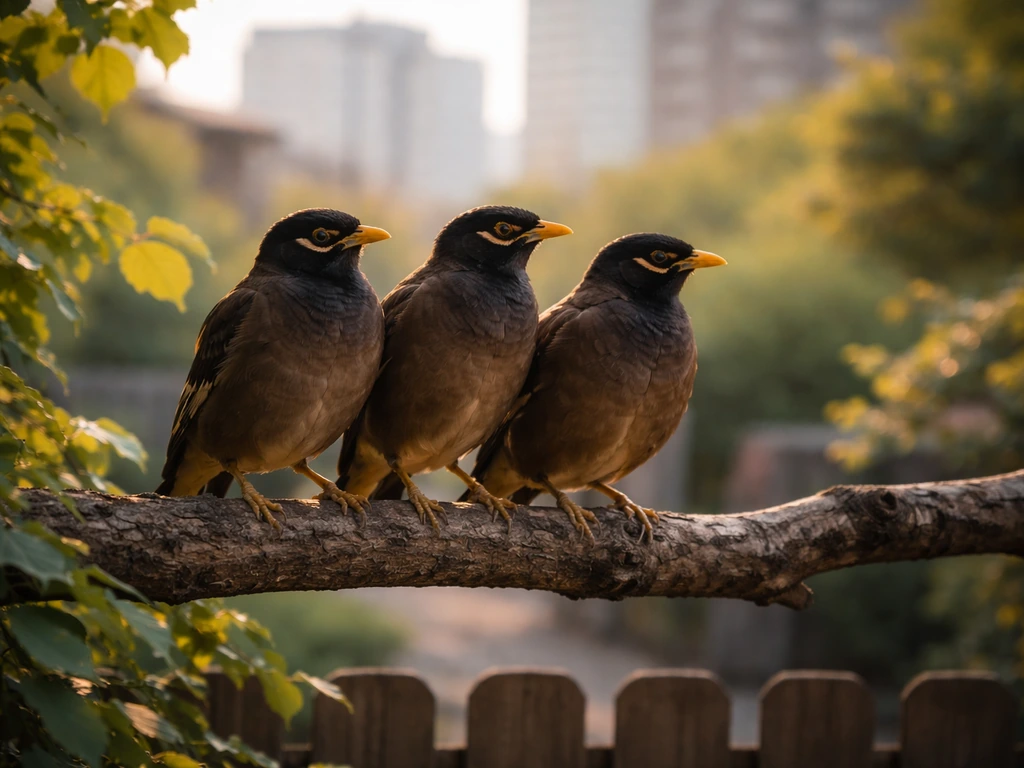 Three myna birds perched together on a branch in a quiet urban garden at golden hour.